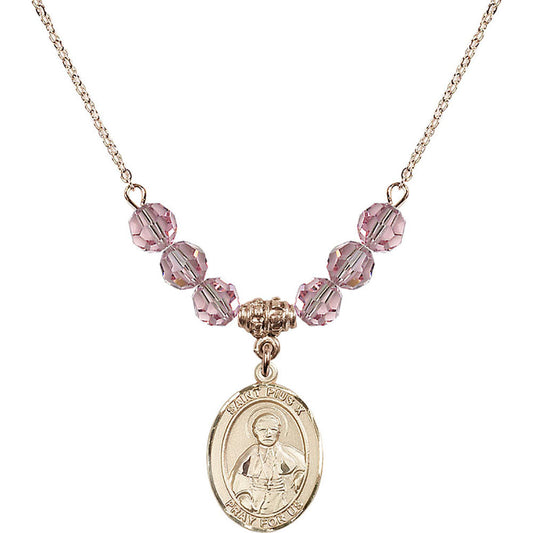 14kt Gold Filled Saint Pius X Birthstone Necklace with Light Rose Beads - 8305