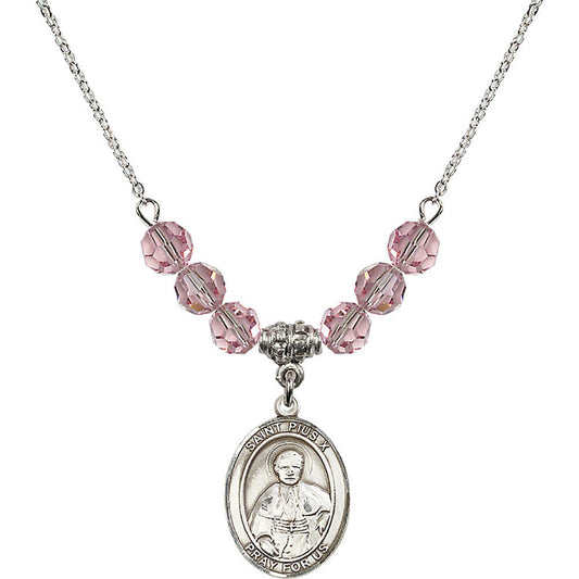Sterling Silver Saint Pius X Birthstone Necklace with Light Rose Beads - 8305