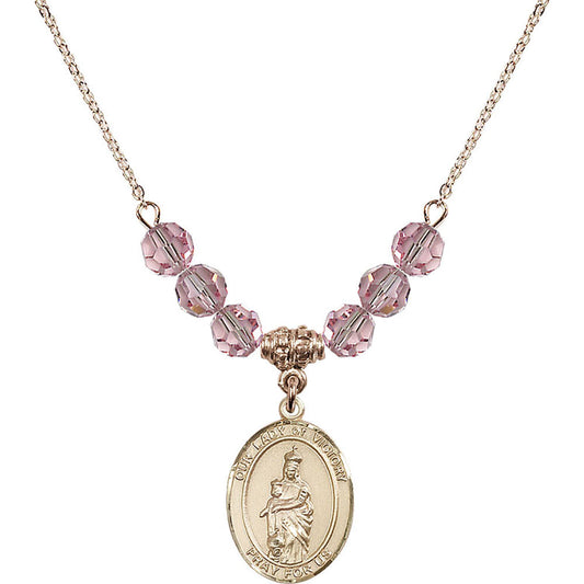 14kt Gold Filled Our Lady of Victory Birthstone Necklace with Light Rose Beads - 8306