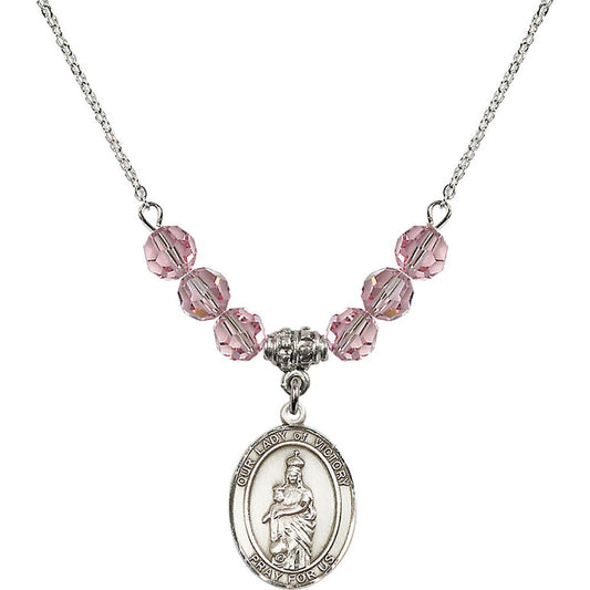 Sterling Silver Our Lady of Victory Birthstone Necklace with Light Rose Beads - 8306