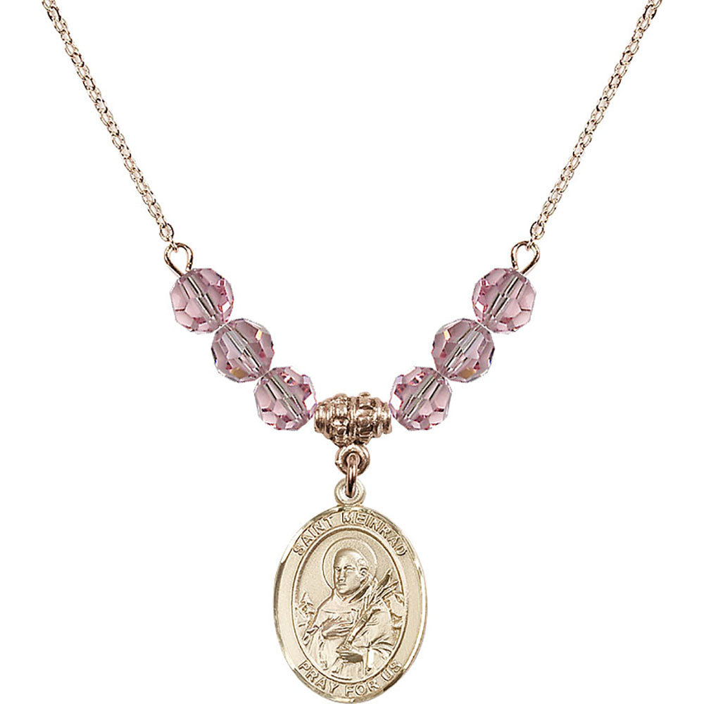 14kt Gold Filled Saint Meinrad of Einsiedeln Birthstone Necklace with Light Rose Beads - 8307