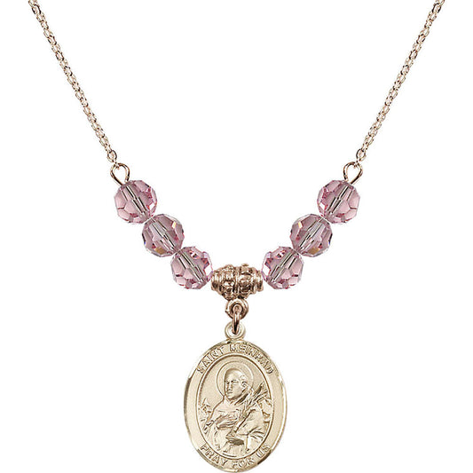 14kt Gold Filled Saint Meinrad of Einsiedeln Birthstone Necklace with Light Rose Beads - 8307