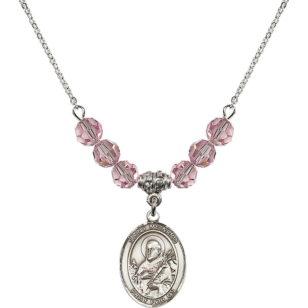 Sterling Silver Saint Meinrad of Einsiedeln Birthstone Necklace with Light Rose Beads - 8307