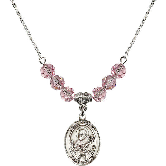 Sterling Silver Saint Meinrad of Einsiedeln Birthstone Necklace with Light Rose Beads - 8307