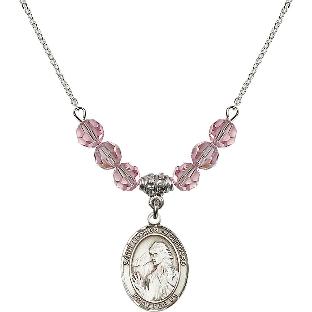 Sterling Silver Saint Finnian of Clonard Birthstone Necklace with Light Rose Beads - 8308