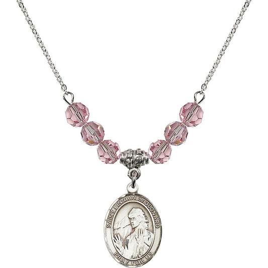 Sterling Silver Saint Finnian of Clonard Birthstone Necklace with Light Rose Beads - 8308
