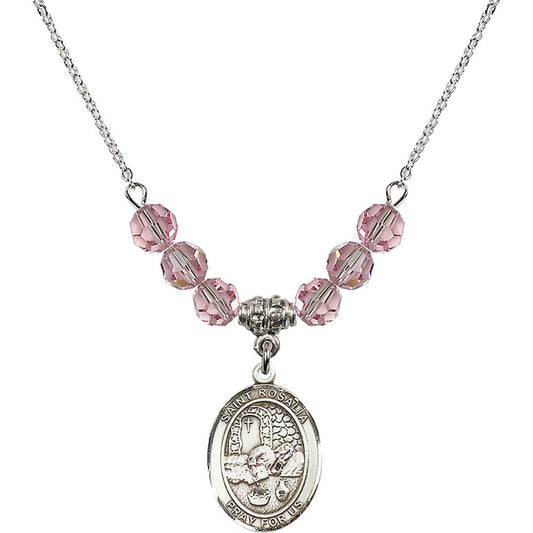 Sterling Silver Saint Rosalia Birthstone Necklace with Light Rose Beads - 8309