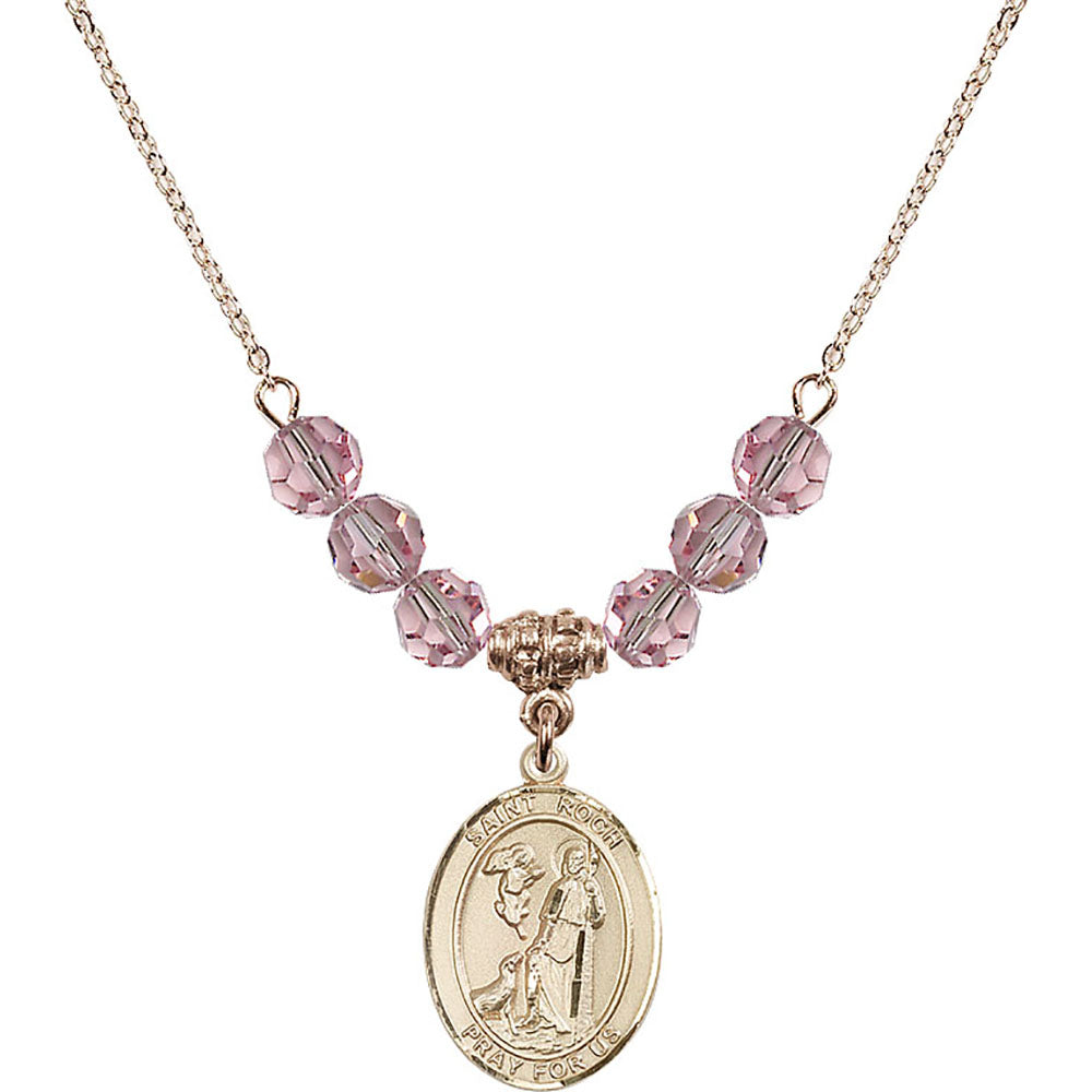 14kt Gold Filled Saint Roch Birthstone Necklace with Light Rose Beads - 8310