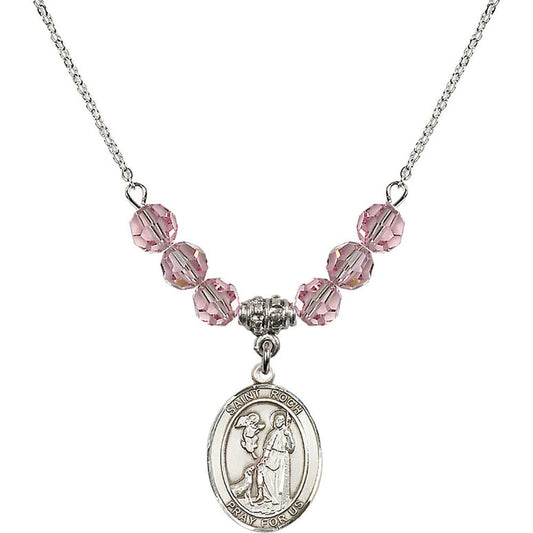 Sterling Silver Saint Roch Birthstone Necklace with Light Rose Beads - 8310