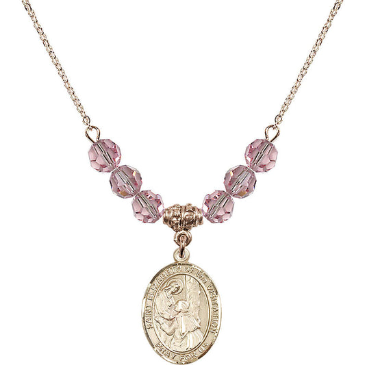 14kt Gold Filled Saint Elizabeth of the Visitation Birthstone Necklace with Light Rose Beads - 8311