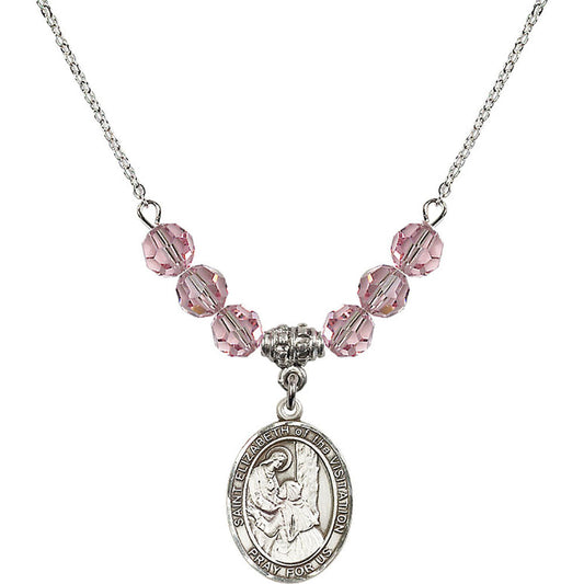 Sterling Silver Saint Elizabeth of the Visitation Birthstone Necklace with Light Rose Beads - 8311