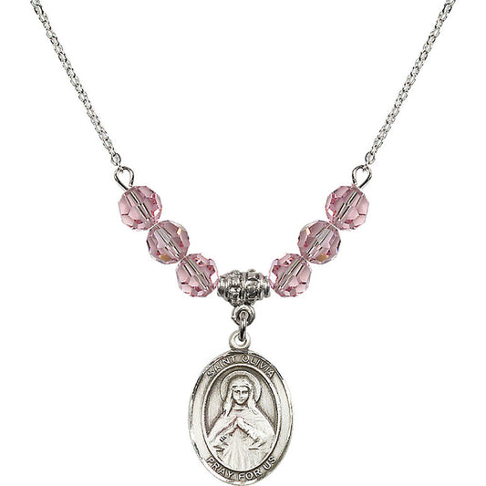 Sterling Silver Saint Olivia Birthstone Necklace with Light Rose Beads - 8312