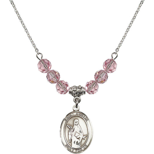 Sterling Silver Saint Amelia Birthstone Necklace with Light Rose Beads - 8313