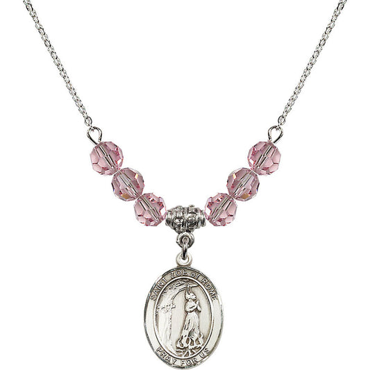 Sterling Silver Saint Zoe of Rome Birthstone Necklace with Light Rose Beads - 8314