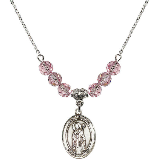 Sterling Silver Saint Ronan Birthstone Necklace with Light Rose Beads - 8315