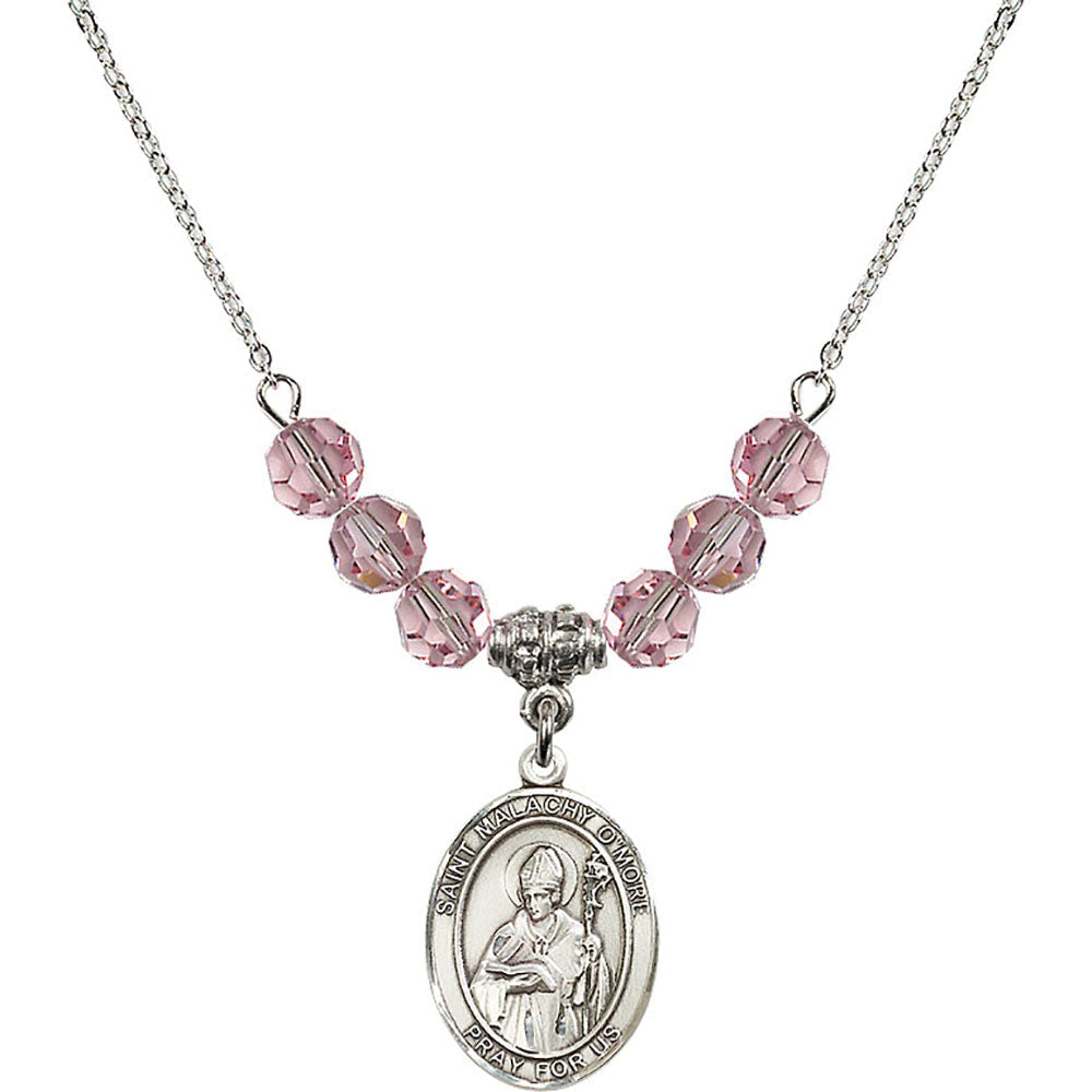 Sterling Silver Saint Malachy O'More Birthstone Necklace with Light Rose Beads - 8316
