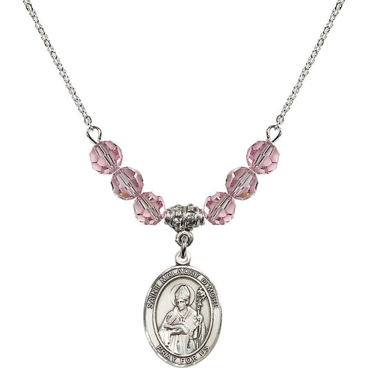 Sterling Silver Saint Malachy O'More Birthstone Necklace with Light Rose Beads - 8316