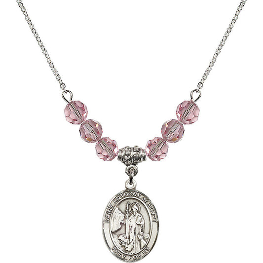 Sterling Silver Saint Anthony of Egypt Birthstone Necklace with Light Rose Beads - 8317