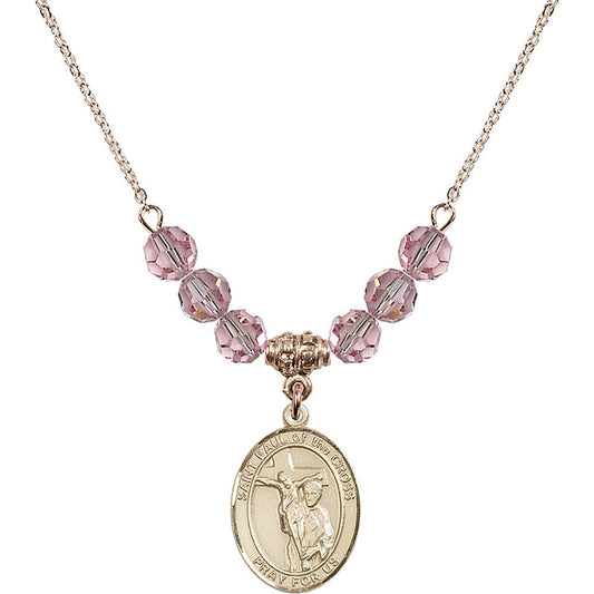 14kt Gold Filled Saint Paul of the Cross Birthstone Necklace with Light Rose Beads - 8318