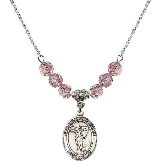 Sterling Silver Saint Paul of the Cross Birthstone Necklace with Light Rose Beads - 8318