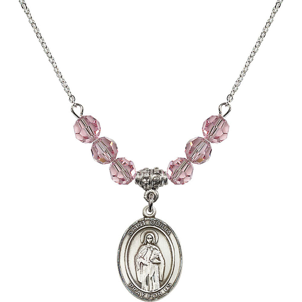 Sterling Silver Saint Odilia Birthstone Necklace with Light Rose Beads - 8319