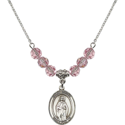 Sterling Silver Saint Odilia Birthstone Necklace with Light Rose Beads - 8319