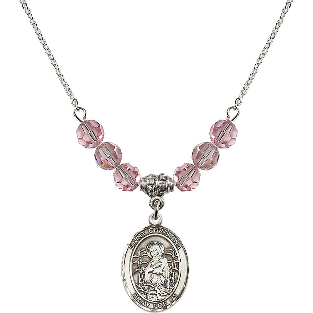 Sterling Silver Saint Christina the Astonishing Birthstone Necklace with Light Rose Beads - 8320
