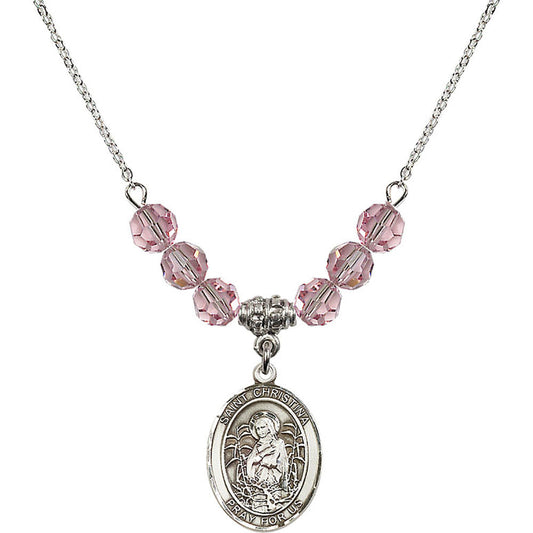 Sterling Silver Saint Christina the Astonishing Birthstone Necklace with Light Rose Beads - 8320