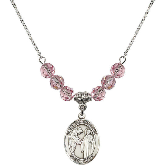 Sterling Silver Saint Columbanus Birthstone Necklace with Light Rose Beads - 8321