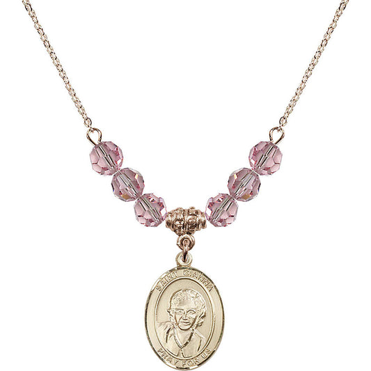 14kt Gold Filled Saint Gianna Beretta Molla Birthstone Necklace with Light Rose Beads - 8322