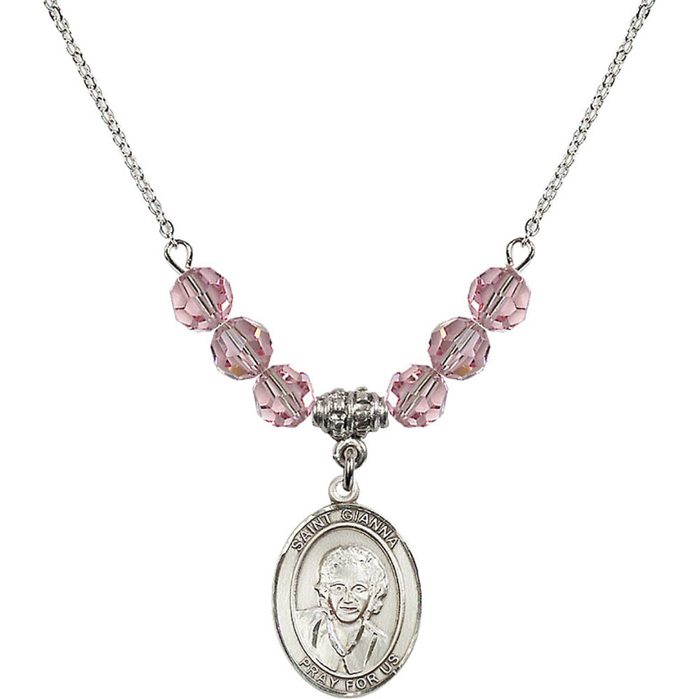 Sterling Silver Saint Gianna Beretta Molla Birthstone Necklace with Light Rose Beads - 8322