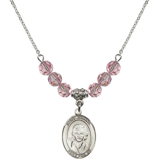 Sterling Silver Saint Gianna Beretta Molla Birthstone Necklace with Light Rose Beads - 8322