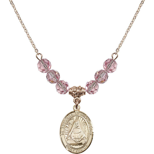 14kt Gold Filled Saint Edburga of Winchester Birthstone Necklace with Light Rose Beads - 8324