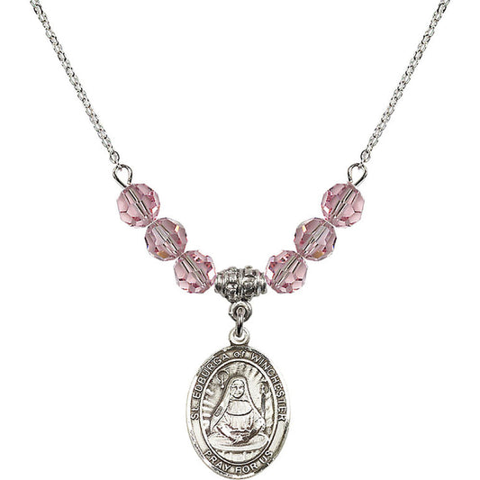 Sterling Silver Saint Edburga of Winchester Birthstone Necklace with Light Rose Beads - 8324