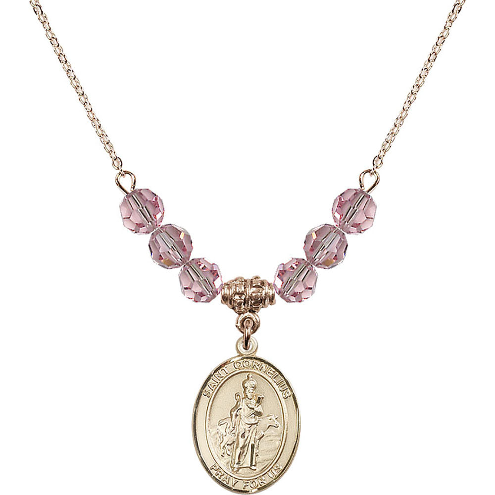 14kt Gold Filled Saint Cornelius Birthstone Necklace with Light Rose Beads - 8325