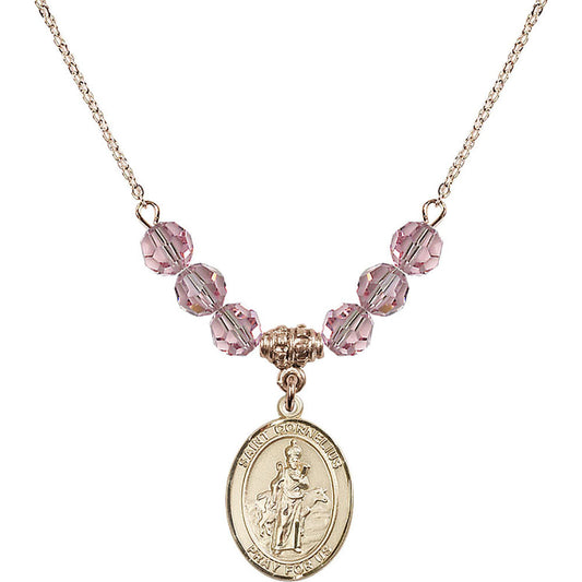 14kt Gold Filled Saint Cornelius Birthstone Necklace with Light Rose Beads - 8325