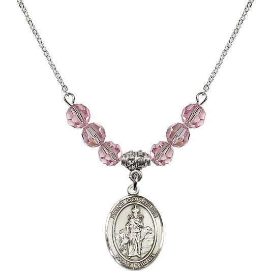 Sterling Silver Saint Cornelius Birthstone Necklace with Light Rose Beads - 8325