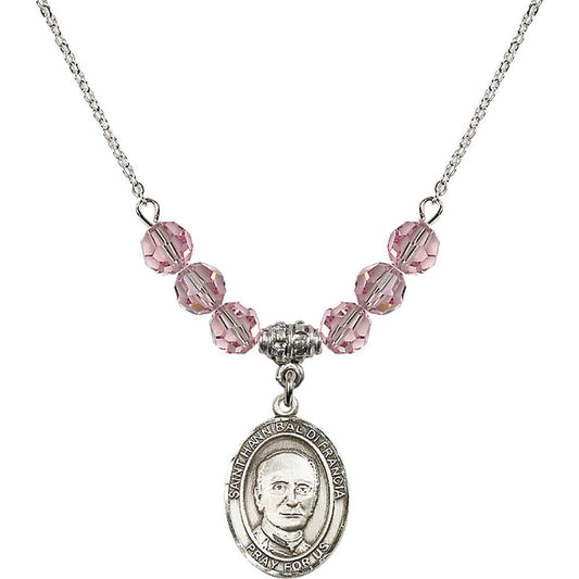 Sterling Silver Saint Hannibal Birthstone Necklace with Light Rose Beads - 8327
