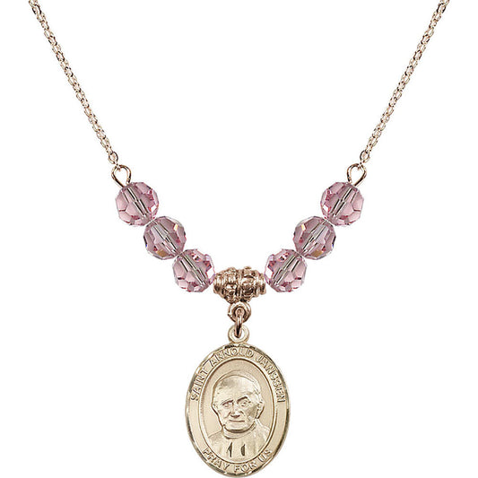 14kt Gold Filled Saint Arnold Janssen Birthstone Necklace with Light Rose Beads - 8328