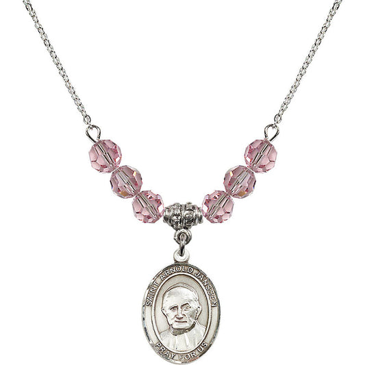 Sterling Silver Saint Arnold Janssen Birthstone Necklace with Light Rose Beads - 8328