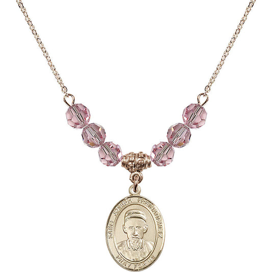 14kt Gold Filled Saint Joseph Freinademetz Birthstone Necklace with Light Rose Beads - 8329
