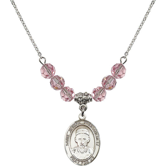Sterling Silver Saint Joseph Freinademetz Birthstone Necklace with Light Rose Beads - 8329