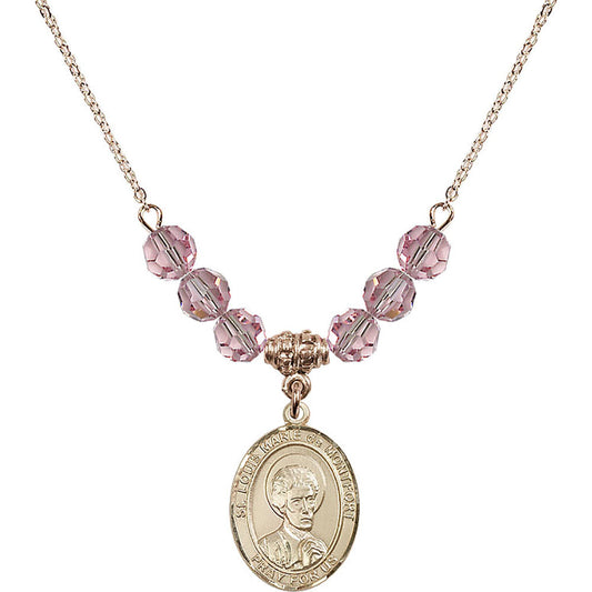 14kt Gold Filled Saint Louis Marie de Montfort Birthstone Necklace with Light Rose Beads - 8330