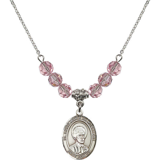 Sterling Silver Saint Louis Marie de Montfort Birthstone Necklace with Light Rose Beads - 8330