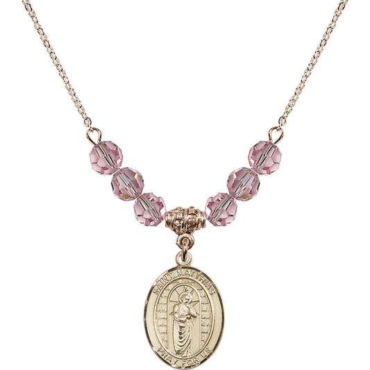 14kt Gold Filled Saint Matthias the Apostle Birthstone Necklace with Light Rose Beads - 8331