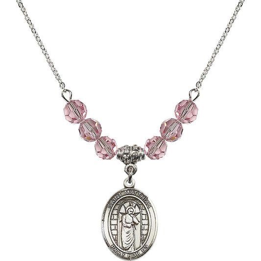Sterling Silver Saint Matthias the Apostle Birthstone Necklace with Light Rose Beads - 8331