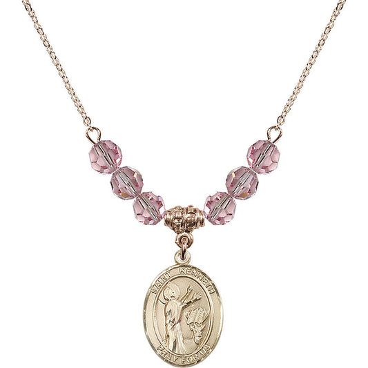 14kt Gold Filled Saint Kenneth Birthstone Necklace with Light Rose Beads - 8332