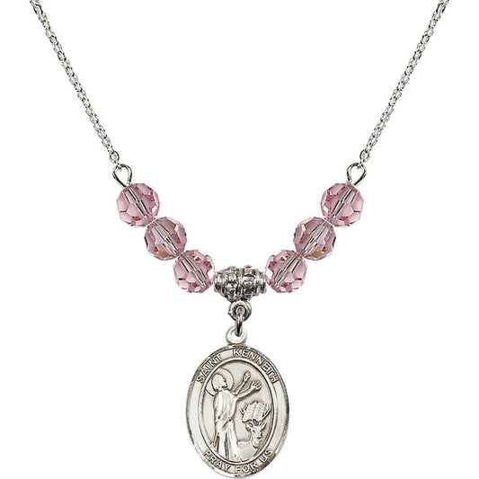 Sterling Silver Saint Kenneth Birthstone Necklace with Light Rose Beads - 8332
