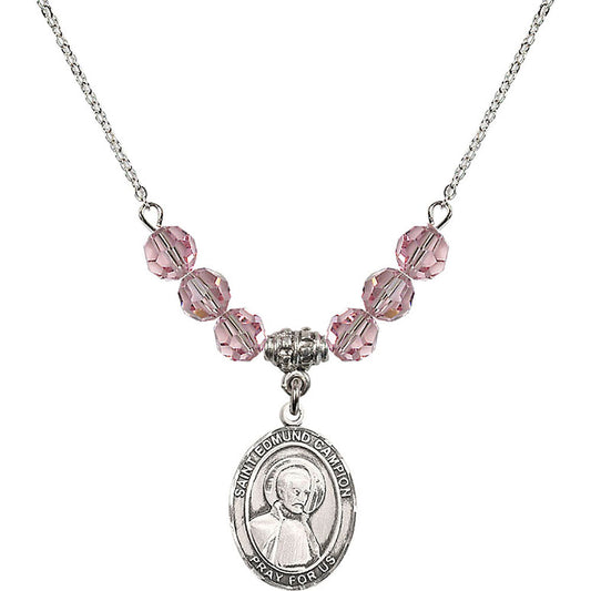 Sterling Silver Saint Edmund Campion Birthstone Necklace with Light Rose Beads - 8333