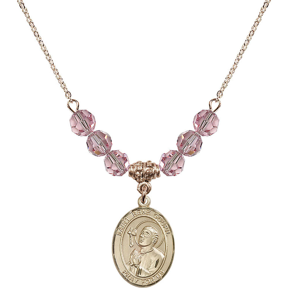 14kt Gold Filled Saint Rene Goupil Birthstone Necklace with Light Rose Beads - 8334